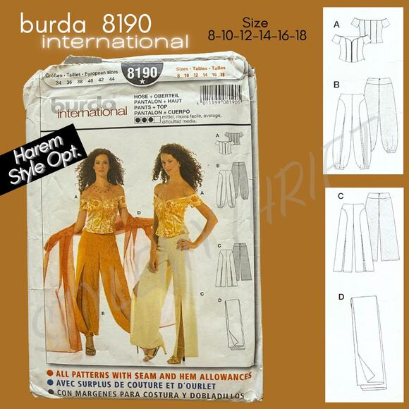 Vintage Burda 8190 Harem Pants Opt. Evening Special Occasion or Casual Day Beach - Picture 1 of 8